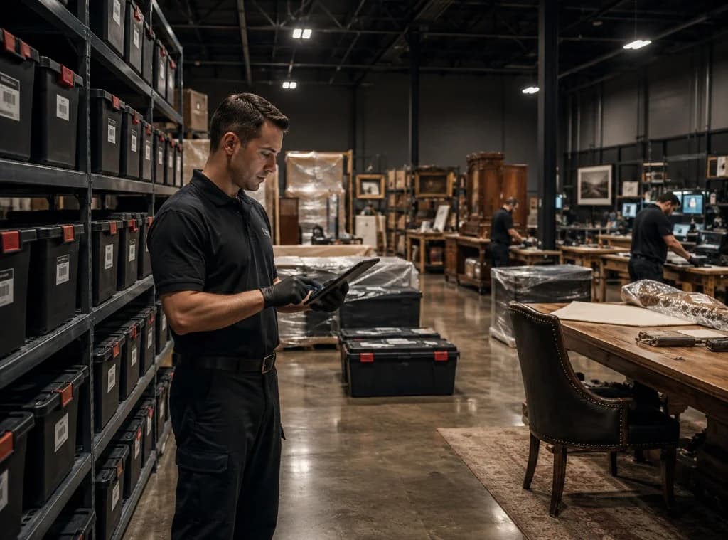 Contents restoration technician documenting barcoded inventory and packed personal property in a warehouse environment